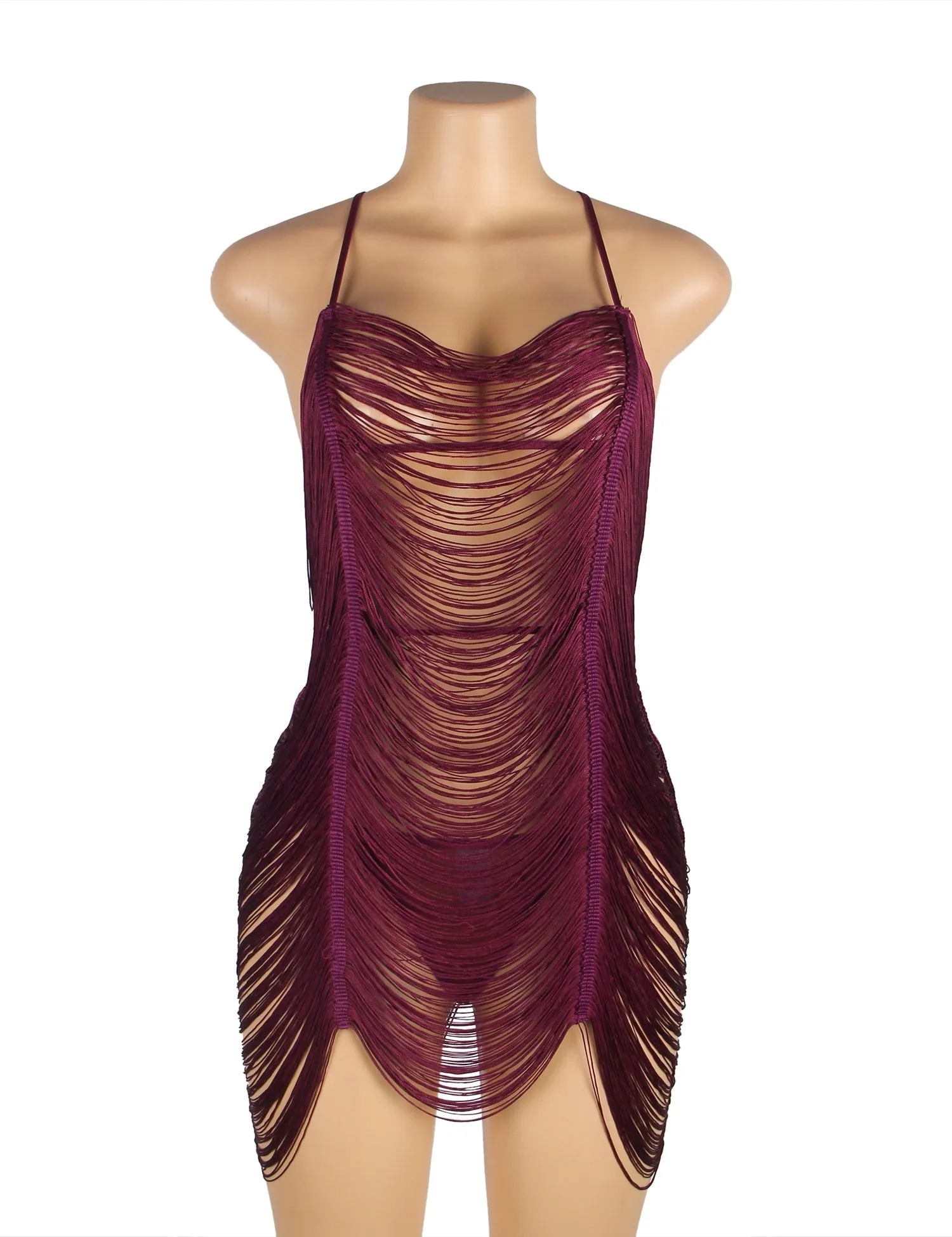 New Purple Plus Size Tassel Hollow Sexy Beach Babydoll
